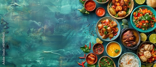 A colorful assortment of food is displayed on a blue background