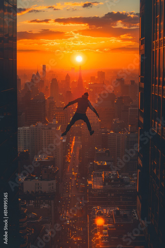 Illustration of a traceur (parkour practitioner) doing a precision jump between two rooftops at sunset,
