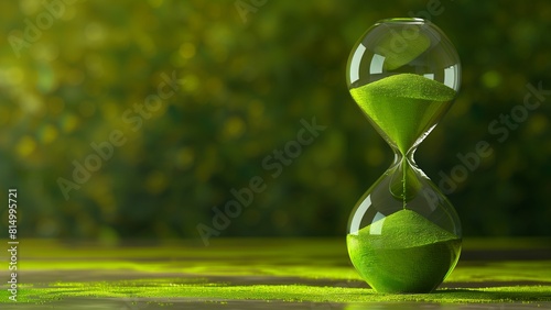 Close-up of a Green Hourglass with Flowing Green Seeds Sand Against a Blurred Background