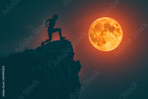 Twilight image of a parkour runner silhouetted against a giant full moon as they leap across a gap,