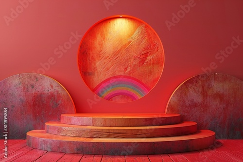 Illustration of ing of orange wooden stand with rainbow and red circular circle in red background