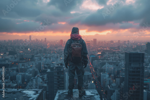 Atmospheric image of a parkour athlete preparing to jump from a rooftop, the cityscape sprawling beneath them,