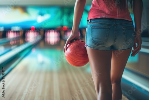 Close-up view of a female bowler holding a bowling ball, preparing to take her shot
