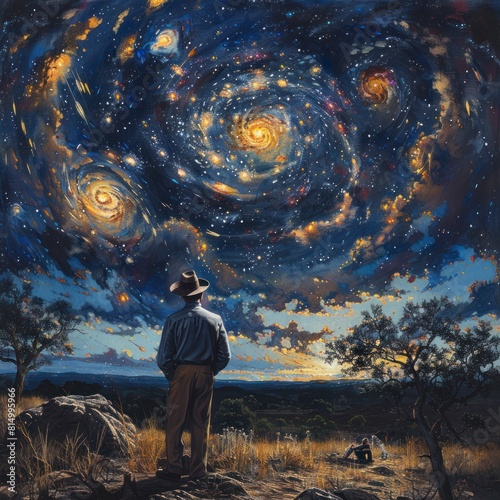 American physicist contemplating the mysteries of the universe under a starry sky