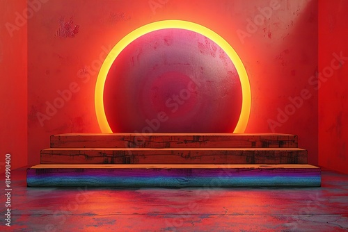 Ing of orange wooden stand with rainbow and red circular circle in red background