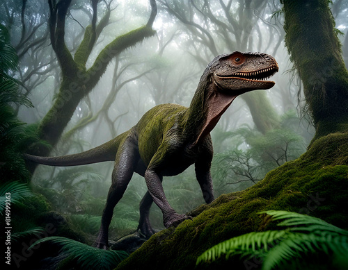 Velociraptor que sale del interior de un bosque del jurásico
