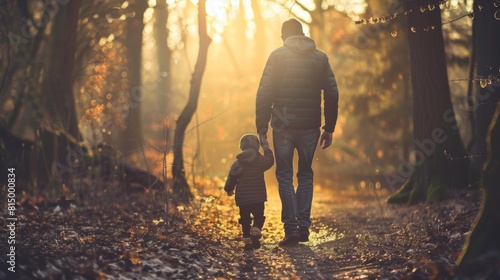 A man and a child walking in the woods