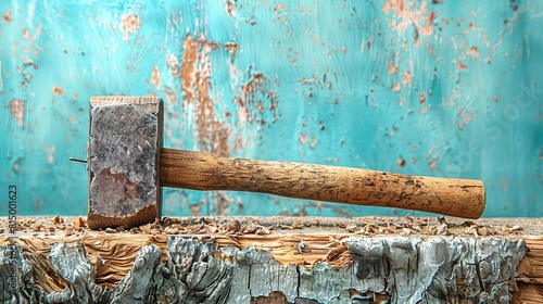 Against a light blue background, a nail is hammered into a wooden surface, depicting craftsmanship and construction in action.