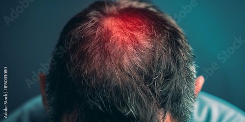 Close-up view of a man's head showing scalp issues with a visible red inflamed patch, indicating a medical condition