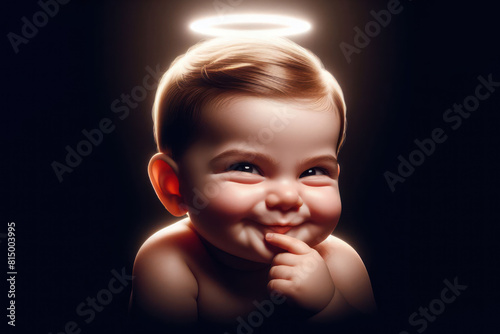 Baby with a sly face and a glowing halo above his head isolated on a black background