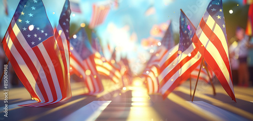 Animated style Veterans Day parade illustration showcasing dynamic motion of flags.
