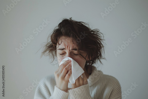 Sneezing Woman with Cold on White Background. A woman with a cold sneezing into a napkin on a white background.