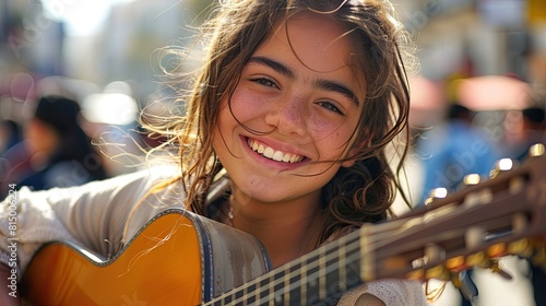 girl with guitar looking at the camera with a smile