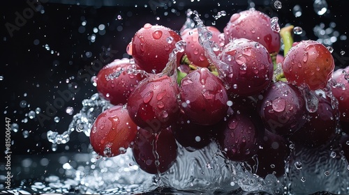 Close-up of a bunch of red grapes with water droplets on a black background.