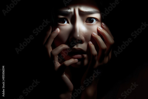 woman face in the dark with spot light , concept of fearful Isolated on black background