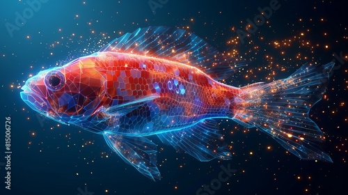 Illuminated against a dark blue backdrop, a futuristic glowing low polygonal fish embodies the essence of oceanarium and marine science. This modern wireframe mesh design offers a striking visual.