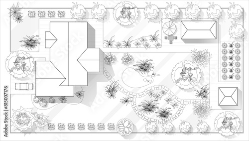 Top view landscape design plan with house, courtyard, lawn. Black and white highly detailed plan of country with modern cottage, villa with garden. Vector illustration Cityscape, Map of town, village