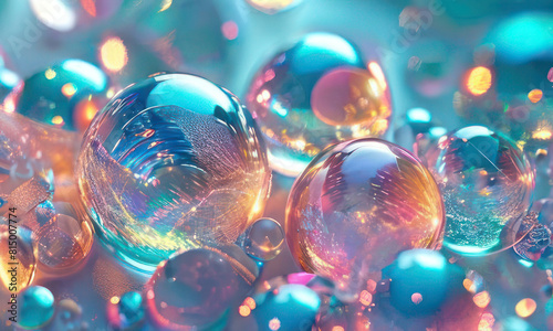 The backdrop consists of blue liquid blobs and soap bubbles. 3d soft pastel gradient balls are also included in the set.Seamless background of mix sizes iridescent pastel 3d spheres