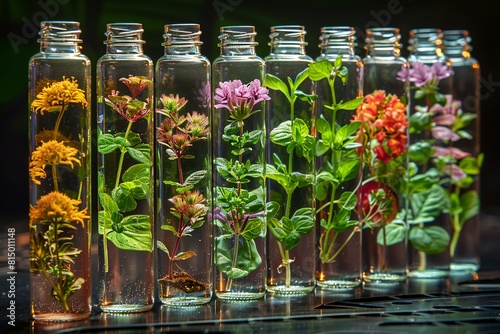 A row of herb bottles with natural plants in them