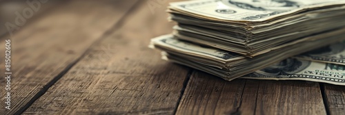 A substantial stack of United States dollar bills laid on a rustic wooden table, symbolizing wealth and financial transactions