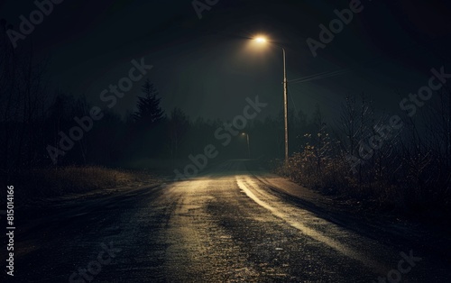 A dimly lit, deserted road under a fading spotlight in darkness.