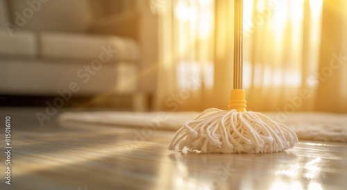 Close-up image of a mop cleaning a wooden floor, highlighted by the warm glow of sunlight streaming through the windows, creating a cozy atmosphere during household chores
