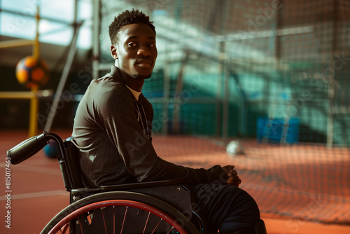 Athlete in a wheelchair on vibrant orange sports court, poised and ready for action amid the paraphernalia of active sporting life.