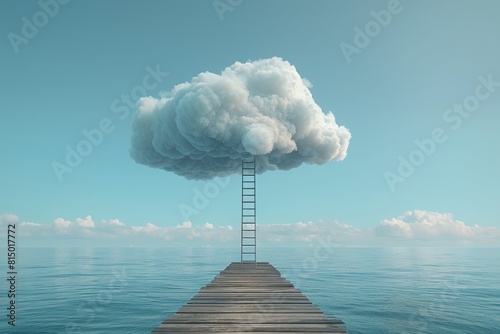 at the end of a pontoon there is ladder to climb on a big cloud in the sky. Life fantasy or dream concept