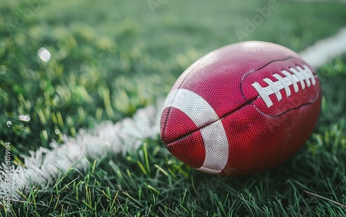Football on grass with sideline detail.