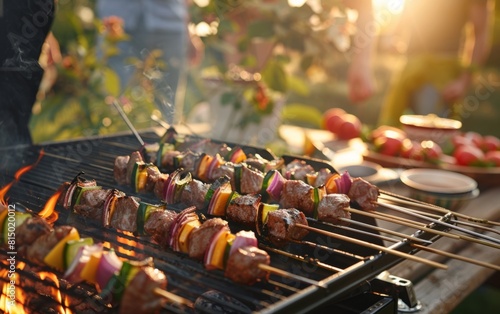Grilling skewers and meat outdoors on a sunny day with friends nearby.