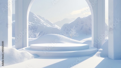 Abstract winter scene with geometrical forms, arch with a podium in natural light. surreal background. 3D render. hyper realistic 