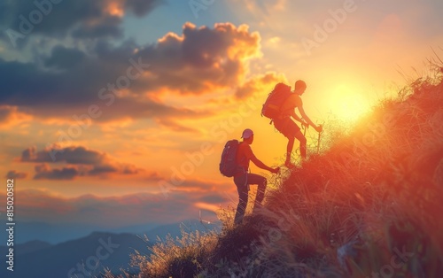 Hiker helping another climb a hill during a vibrant sunset.