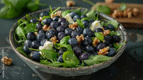Salad of fresh blueberries, basil, arugula, goat cheese and chopped walnuts.