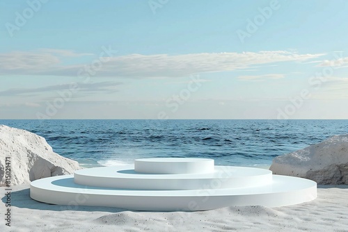 Illustration of white podium in the beach with ocean and sky background s