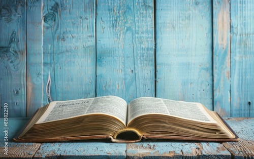 Open book on a rustic blue wooden background.