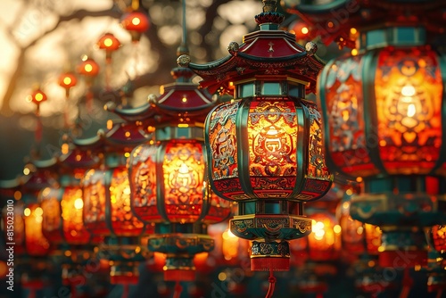 Depicting a group of red and yellow lanterns with chinese characters