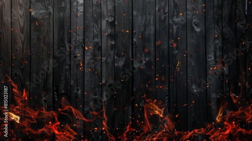 Black wooden background and fire flames, digital illustration, background for advertisement. Generative AI hyper realistic 