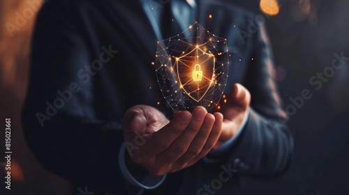 Businessman holds shield protect icon on palm, emphasizing the concept of protection network security and safe data. Lock symbol represents cybersecurity and safeguarding against cyber threats. 