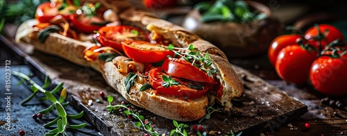 sandwich featuring tomatoes and herbs over dark table background