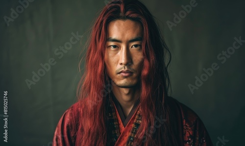 Portrait of young Asian man with deep red long hair in traditional clothes looking at camera