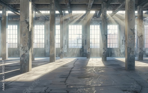 Sunlit abandoned industrial hall with concrete columns and distressed windows.