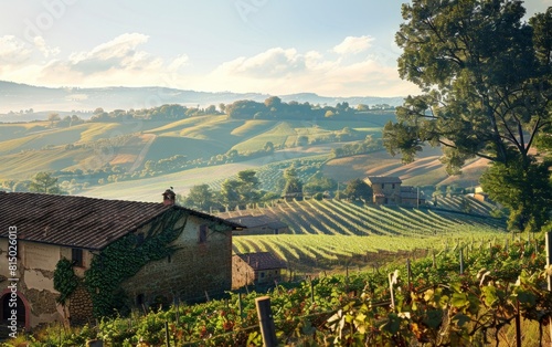Sunlit Tuscan landscape with rolling hills, vineyards, and rustic stone buildings.