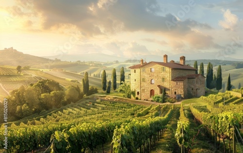 Sunlit Tuscan landscape with rolling hills, vineyards, and rustic stone buildings.