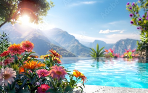Sunny poolside with vibrant flowers and mountain backdrop.