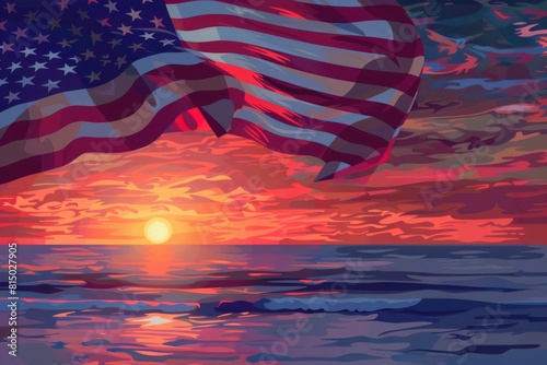 A stunning illustration of the American flag waving in the breeze against a sunset horizon.