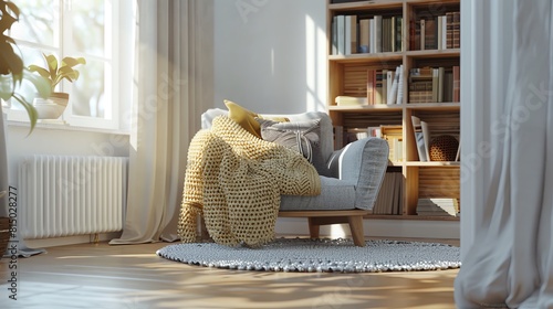 A cozy Scandinavian reading nook with a plush armchair, a knitted throw, and a small wooden bookshelf