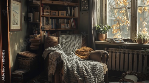 A cozy Scandinavian reading nook with a plush armchair, a knitted throw, and a small wooden bookshelf