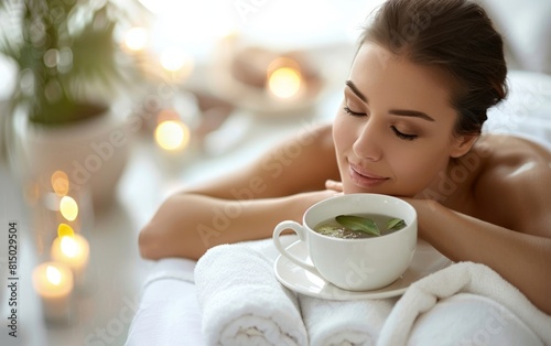 Woman enjoying a peaceful herbal compress massage in a serene spa setting.