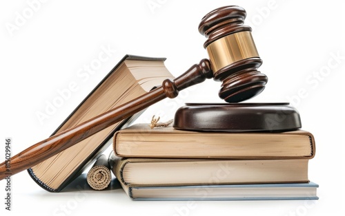 Wooden gavel on a stack of books against a white background.