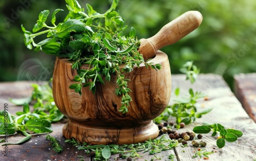 Wooden mortar with overflowing fresh aromatic herbs.